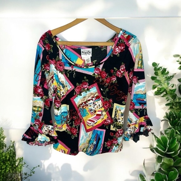 VANITY Y2K Lizzie McGuire Novelty Print Ruffle Sleeve Bon Voyage Blouse - Picture 3 of 11